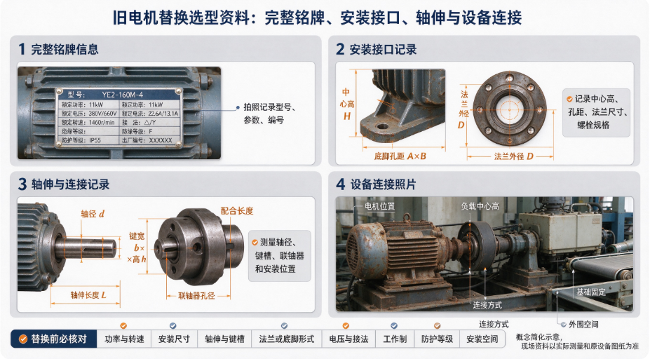 旧电机替换指南：铭牌、安装尺寸与技术参数核对清单